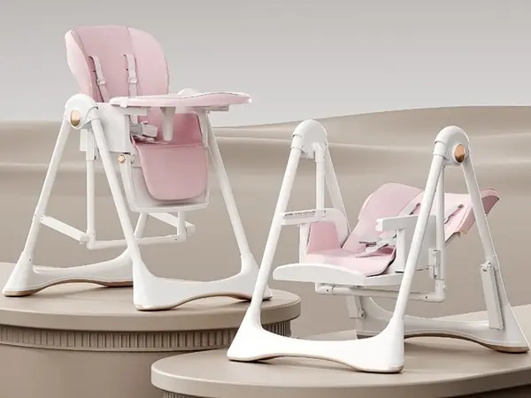 Scaun de masa pentru copii Little Mom Pink multifunctional 3 in 1, design ergonomic, pliabil, structura piramidala, roti silentioase, suport pentru picioare, dimensiuni 63x80x105 cm