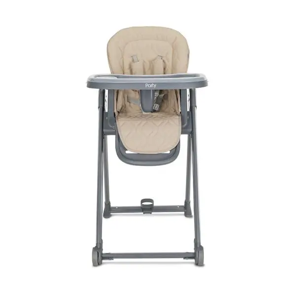 Scaun de masa pentru copii Lorelli Party Beige Leather cadru usor din aluminiu, spatar reglabil, suport picioare, centuri de siguranta, roti, cos pentru jucarii, 6 luni+