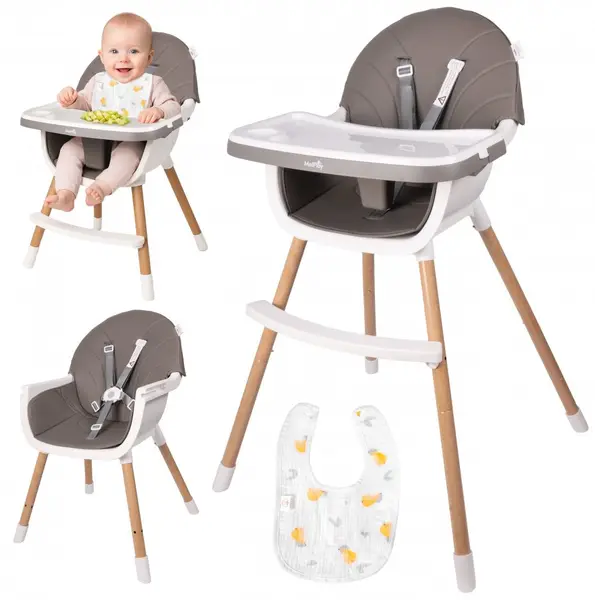 Scaun de masa pentru copii Malplay Grey, reglabil, multifunctional 3 in 1, cu centuri de siguranta, tavita detasabila si reglabila