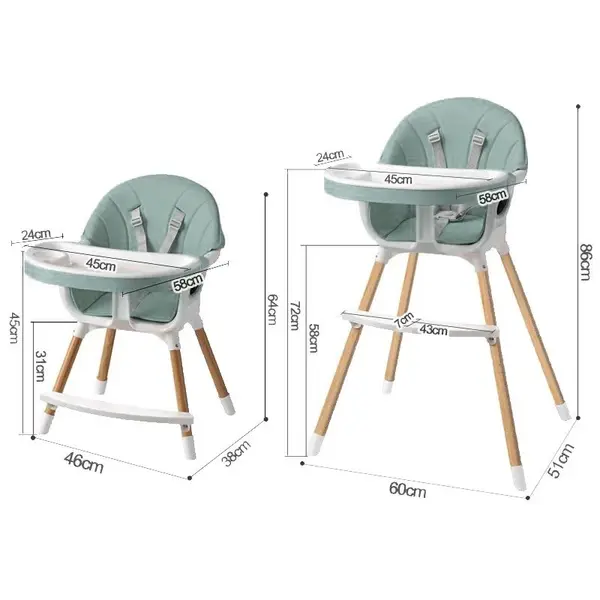 Scaun de masa pentru copii Procart Verde Menta 3 in 1, suport pentru picioare, tavita si husa detasabile, centura 5 puncte