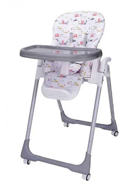 Scaun de masa pentru copii si bebe Novokids Go Baby Masinute Gri reglabil in 6 trepte de inaltime, Pliabil, Centura de siguranta, Sezut confortabil, Masuta detasabila, Pozitie somn, Roti cu frana