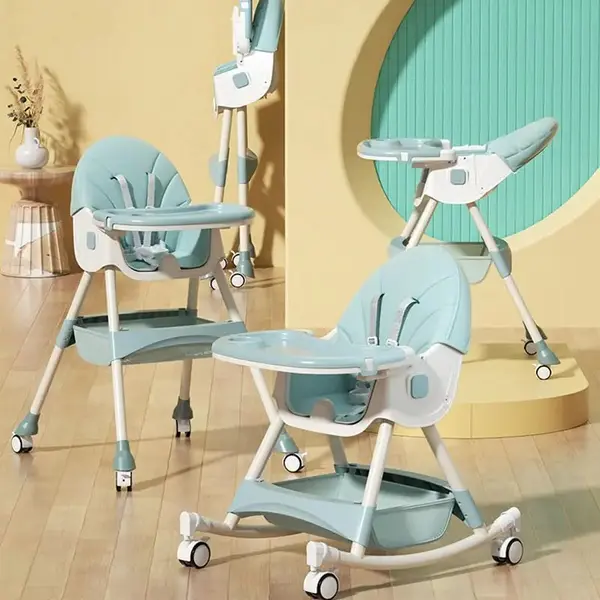 Scaun de masa pliabil pentru bebelusi Little Mom 3 in 1 Funny Light Green cu roti si functie de balansoar, multifunctional, centura de siguranta 5 Puncte, ajustabil pe inaltime, cos de depozitare, husa detasabila