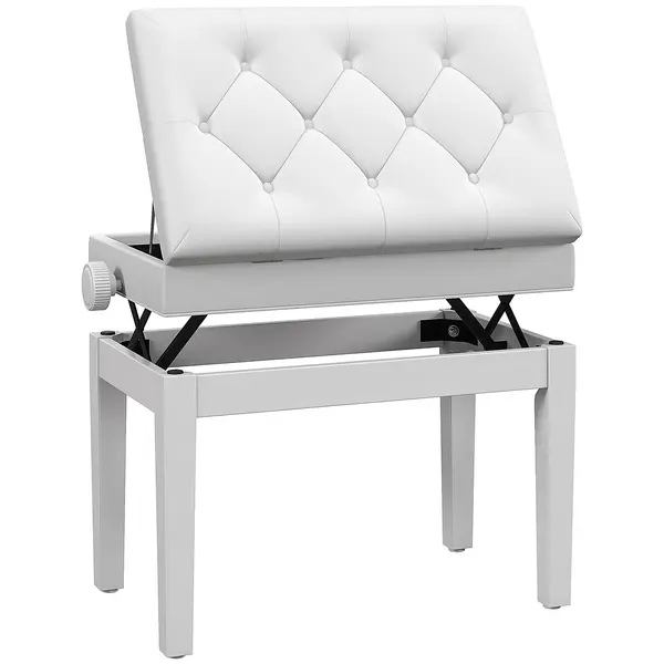 Scaun de Pian HOMCOM Reglabil cu Compartiment de Depozitare și Scaun Imbunătățit, 54.5x33x48-58 cm, Alb | Aosom Romania