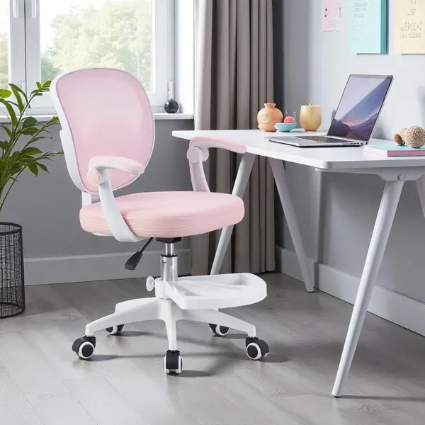 Scaun ergonomic de birou, inaltime reglabila 78-90 cm, suport picioare, mesh roz