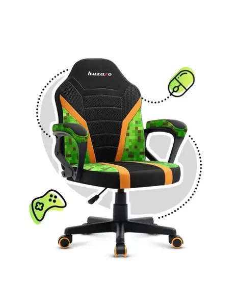 Scaun gaming copii Huzaro HZ-Ranger 1.0, Mesh Pixel, Cotiere moi, Cadru Timber FX, Design ergonomic (Verde/Negru)
