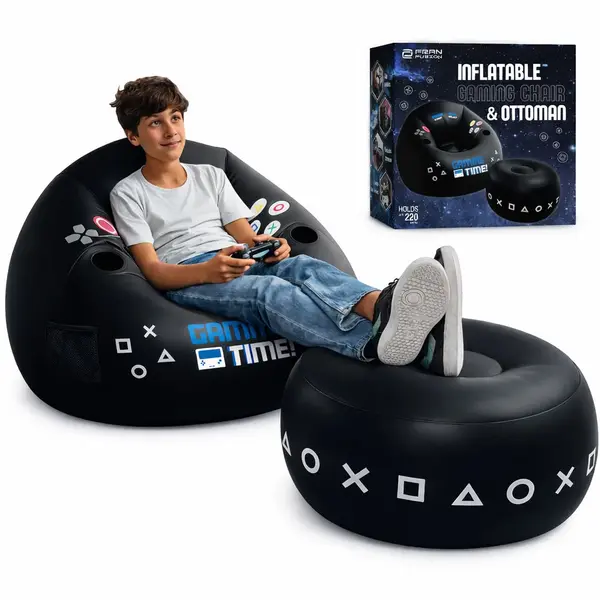 Scaun gaming gonflabil HAWIRE cu taburet pentru copii, Suport pahar si controller, Design ergonomic, 105x105x75cm, Material rezistent, Negru