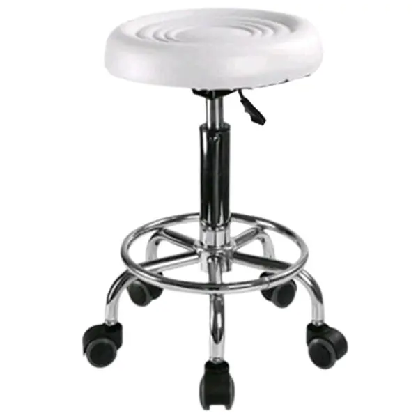 Scaun hidraulic cu roti, Alb, Taburet rotativ, Pentru salon, Cosmetica, Manichiura, Pedichiura, Frizerie, Coafor, Piele ecologica, Cu suport pentru picioare