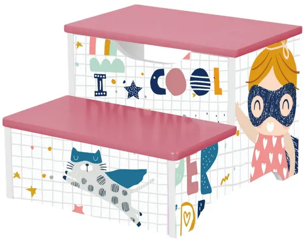 Scaun - scară din lemn cu 2 trepte Ginger Home - Super Girl, Roz