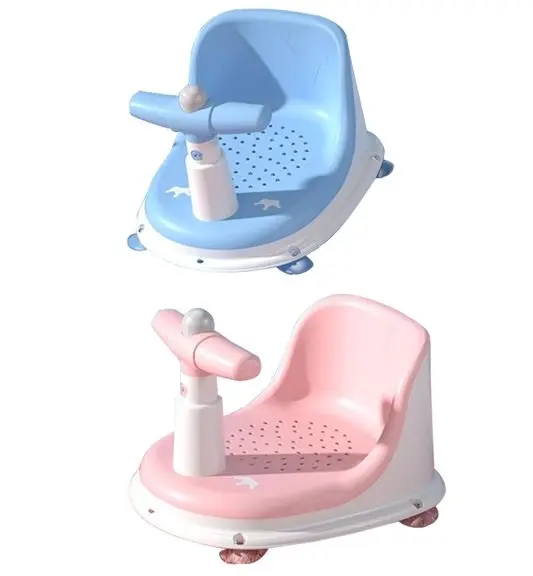 Scaunel de baie pentru copii Little Mom Baby Crown Pink, design ergonomic cu spatar, cu husa detasabila din cauciuc, cu ghidon de sustinere si Claxon, dimensiune 20 x 30 x 36 cm