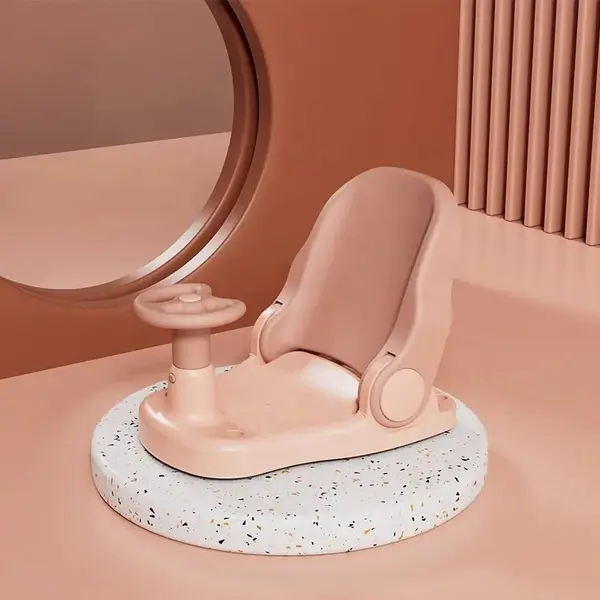 Scaunel de baie pentru copii Little Mom Car Pink cu design pliabil, ergonomic, volan de sustinere, spatar ajustabil in 3 unghiuri diferite, fixare cu ventuze, dimensiune 38 x 28.5 x 30.8 cm