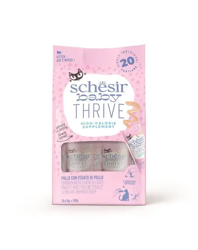 SCHESIR Baby Thrive Pui cu ficat de pui în cremă 20 x 8 g hrană complementară pentru pisoi