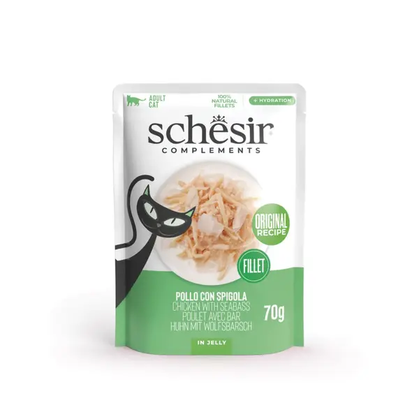 SCHESIR Complementary In Jelly, Pui și Biban, plic hrană umedă pisici, (în aspic), 70g