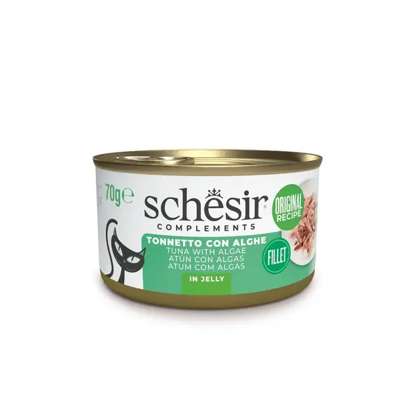 SCHESIR Complementary In Jelly, Ton și Alge Marine, conservă hrană umedă pisici, (în aspic), 70g