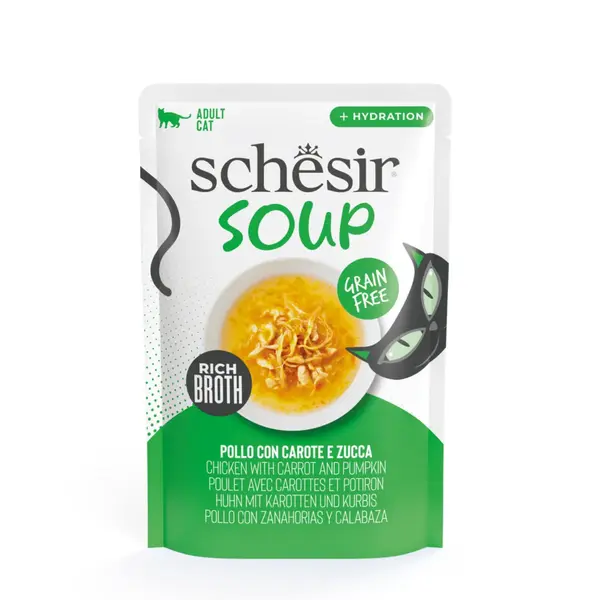 SCHESIR Complementary Soup, Pui și dovleac, plic hrană umedă fără cereale pisici, (în supă), 40g