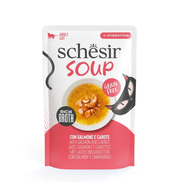 SCHESIR Complementary Soup, Somon și Morcov, plic hrană umedă fără cereale pisici, (în supă), 40g
