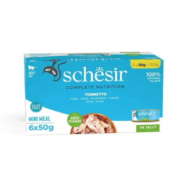 SCHESIR Complete Nutrition Multipack, Ton, conservă hrană umedă pisici, (în aspic), multipack, 50g x 6buc