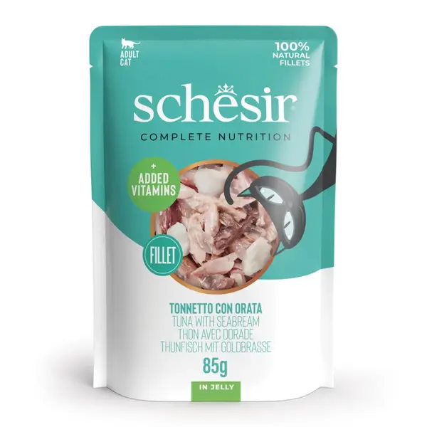 SCHESIR Complete Nutrition, Ton și Doradă, plic hrană umedă pisici, (în aspic), 85g