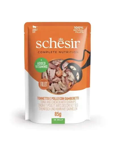 SCHESIR Jelly Adult Tuna&Chicken&Shrimps 85g ton, pui si creveti in aspic, hrana pisica
