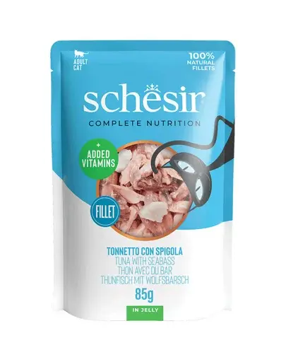 SCHESIR Jelly Adult Tuna&Sea Bass 85g ton si biban de mare in aspic, hrana pisica adulta