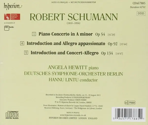 Schumann: Piano Concerto / Introduction And Allegro Appassionato / Introduction And Concert-Allegro | Angela Hewitt, Deutsches Symphonie-Orchester Berlin, Hannu Lintu