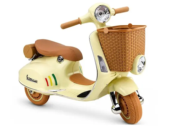 Scooter electric pentru copii Vespa XW-03 Beige, design Retro autentic si elegant, scaun piele, motor 2 x 35W, acumulator 12V 4.5Ah, faruri LED, panou audio integrat cu USB, MP3, 83 x 40 x 62 cm