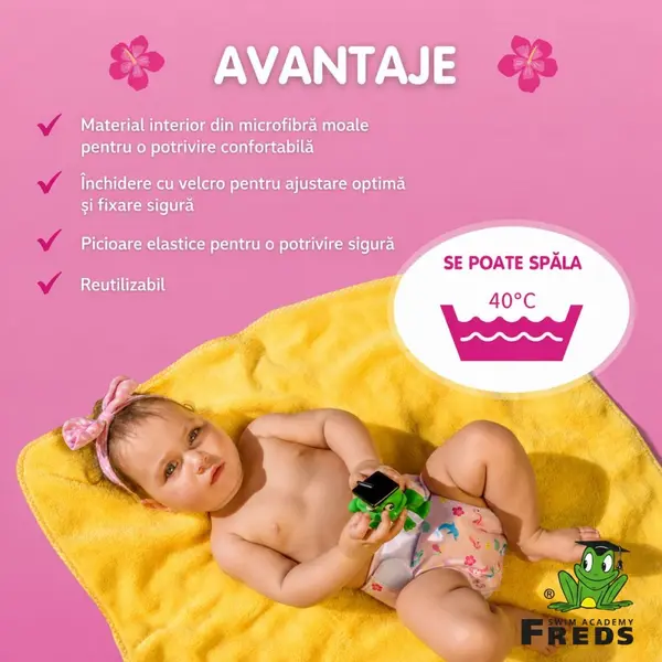 Scutec reutilizabil pentru inot bebelusi Freds Swim Academy roz, marimea 1, 4-9 kg
