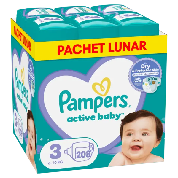 Scutece Active Baby Marimea 3 Midi pentru 6-10 kg, 208 bucati, Pampers