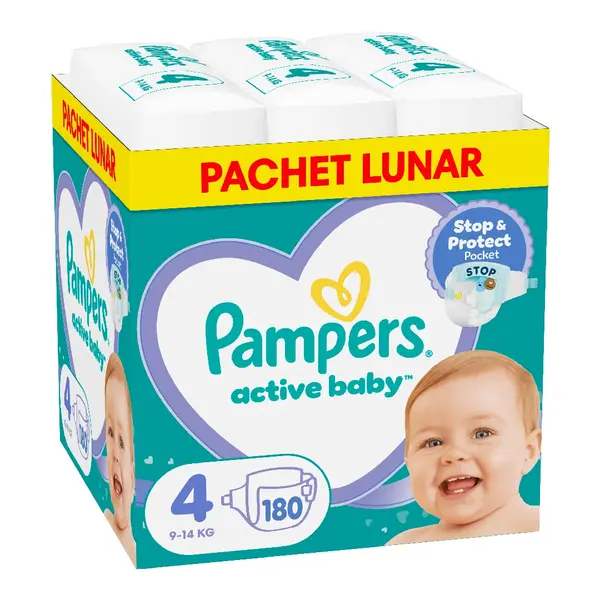 Scutece Active Baby, marimea 4, 9-14 kg, 180 bucati, Pampers