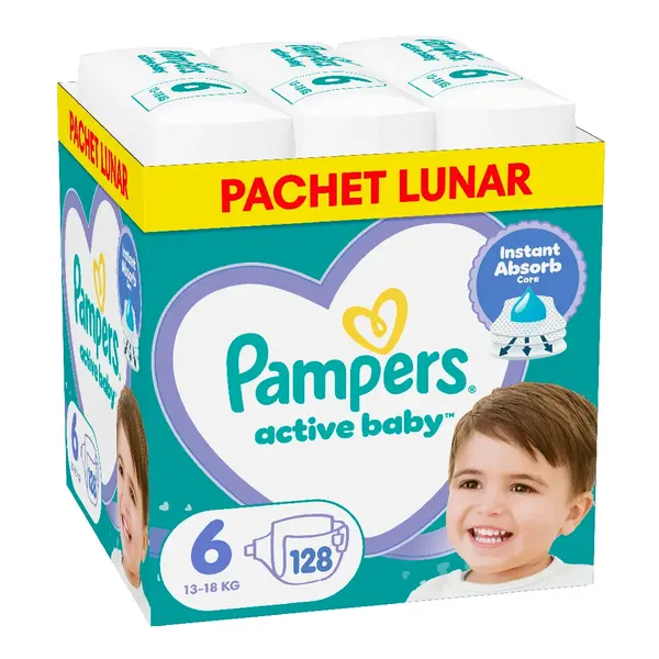 Scutece Active Baby, marimea 6, 13 -18 kg, 128 bucati, Pampers