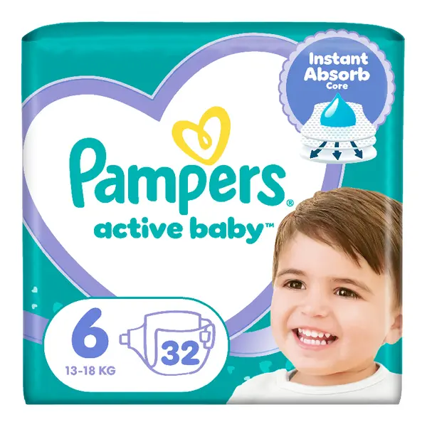 Scutece Active Baby, marimea 6, 13-18 kg, 32 bucati, Pampers