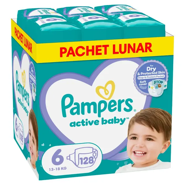 Scutece Active Baby XXL Box Marimea 6 pentru 13 -18 kg, 128 bucati, Pampers