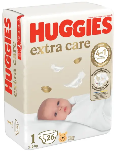 Scutece bebelusi Huggies Extra Care - Mărimea 1, 2-5 kg, 26 buc.