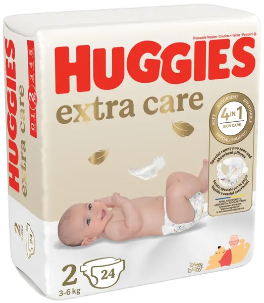 Scutece bebelusi Huggies Extra Care - Mărimea 2, 3-6 kg, 24 buc.