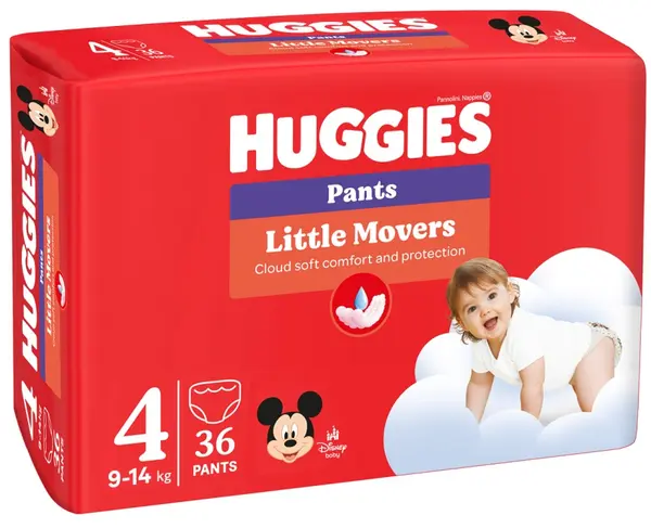Scutece chilotei Huggies Little Movers - Mărimea 4, 9-14 kg, 36 buc.