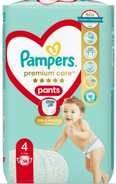 Scutece chilotei Pampers Premium Care - marimea 4, 9-15 kg, 58 buc.