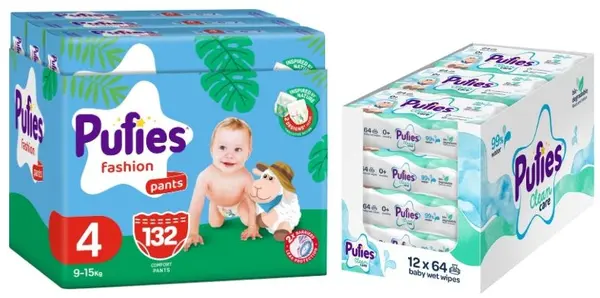 Scutece chiloței Pufies Fashion - Mărimea 4, 9-15 kg, 132 buc + șervețele umede Pufies Clean Care, 12 х 64 buc