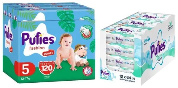 Scutece chiloței Pufies Fashion - Mărimea 5, 12-17 kg, 120 buc + șervețele umede Pufies Clean Care - 12 x 64 buc