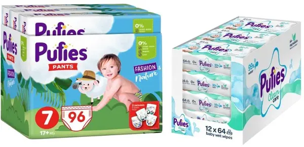 Scutece chiloței Pufies Fashion & Nature - Mărimea 7, 17+ kg, 96 buc + șervețele umede Pufies Clean Care, 12 х 64 buc