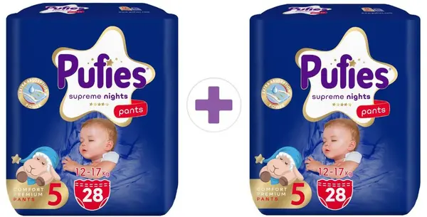 Scutece chiloței Pufies Supreme Nights - Value Pack, mărimea 5 Junior, 12-17 kg, 2 x 28 bucăți