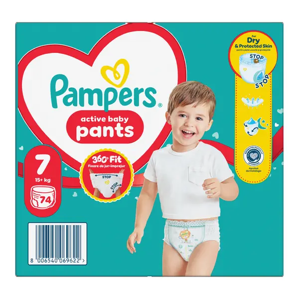 Scutece chilotel Active Baby Pants, marimea 7, 15+ kg, 74 bucati, Pampers