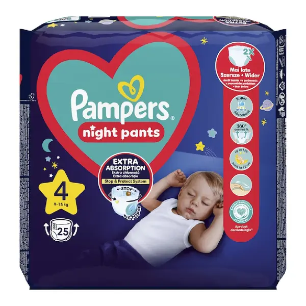 Scutece chilotel de noapte Night Pants, Marimea 4, 9-15 kg, 25 bucati, Pampers