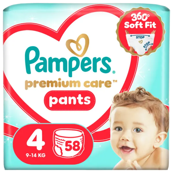 Scutece-Chilotel Premium Care Marimea 4 9kg-15kg, 58 buc, Pampers