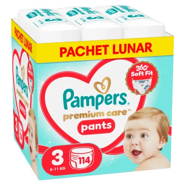 Scutece-chilotel Premium Care Pants XXL Box Marimea 3 pentru 6-11 kg, 114 bucati, Pampers