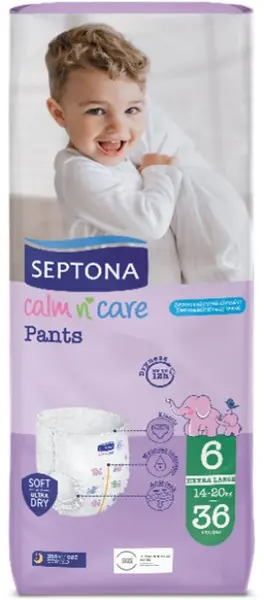 Scutece-chiloți pentru bebeluși Septona - Calm n' Care, Extra Large, mărimea 6, 14-20 kg, 36 bucăți