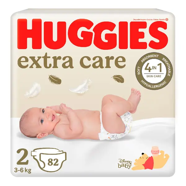 Scutece Extra Care Marimea 2, 3-6 kg, 82 bucati, Huggies