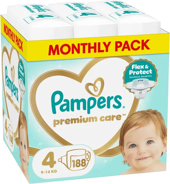 Scutece Pampers Premium Care - Mărimea 4, 9-14 kg, 188 buc