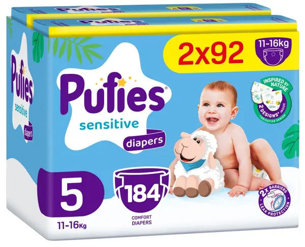 Scutece pentru bebeluși Pufies Sensitive - Junior, mărimea 5, 184 buc, 11-16 kg, Mega Pack 2