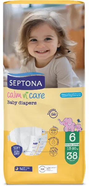 Scutece pentru bebeluși Septona - Calm n' Care, Large, Nr. 6, 13-20 kg, 38 bucăți