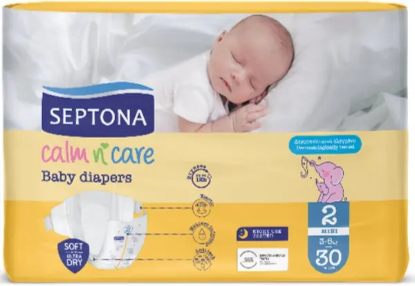 Scutece pentru bebeluși Septona Calm n' Care - Mini, mărimea 2, 3-6 kg, 30 bucăți
