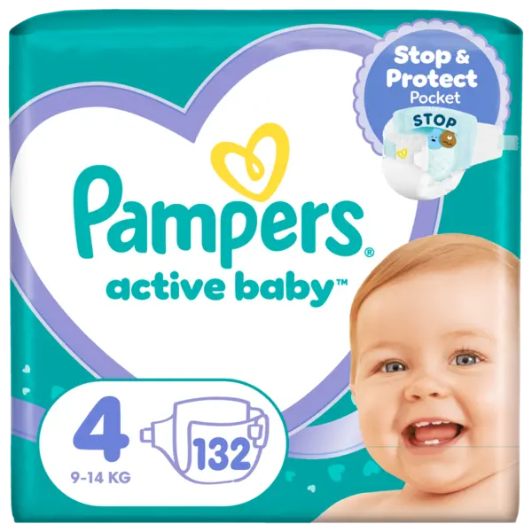 Scutece pentru copii Active Baby Mega Box Marimea 4 9 -14kg, 132 bucati, Pampers